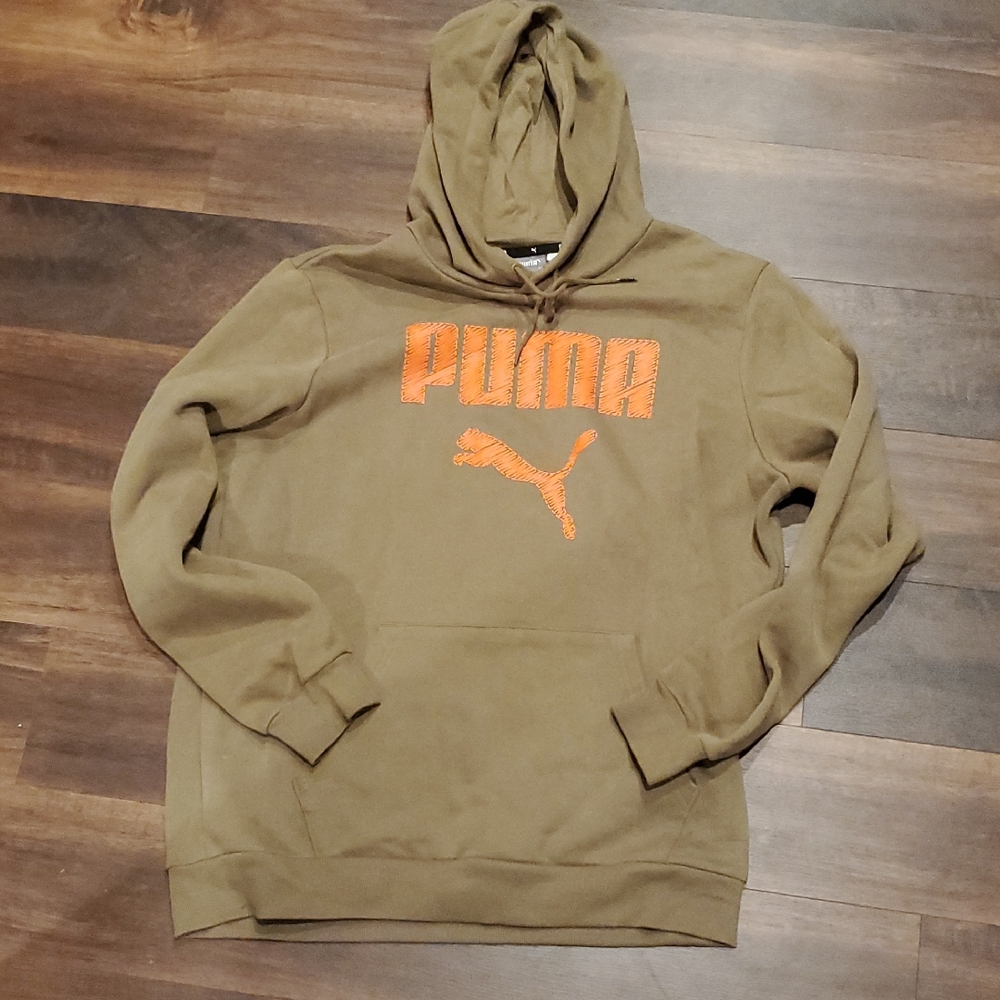 PUMA Men's Khaki Hoodie with Orange Logo